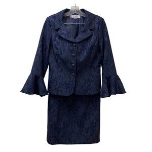 TAHARI BY ARTHUR LEVINE 2 PC SKIRT SUIT/NAVY/SIZE 6/BROCADE/BELL SLEEVE